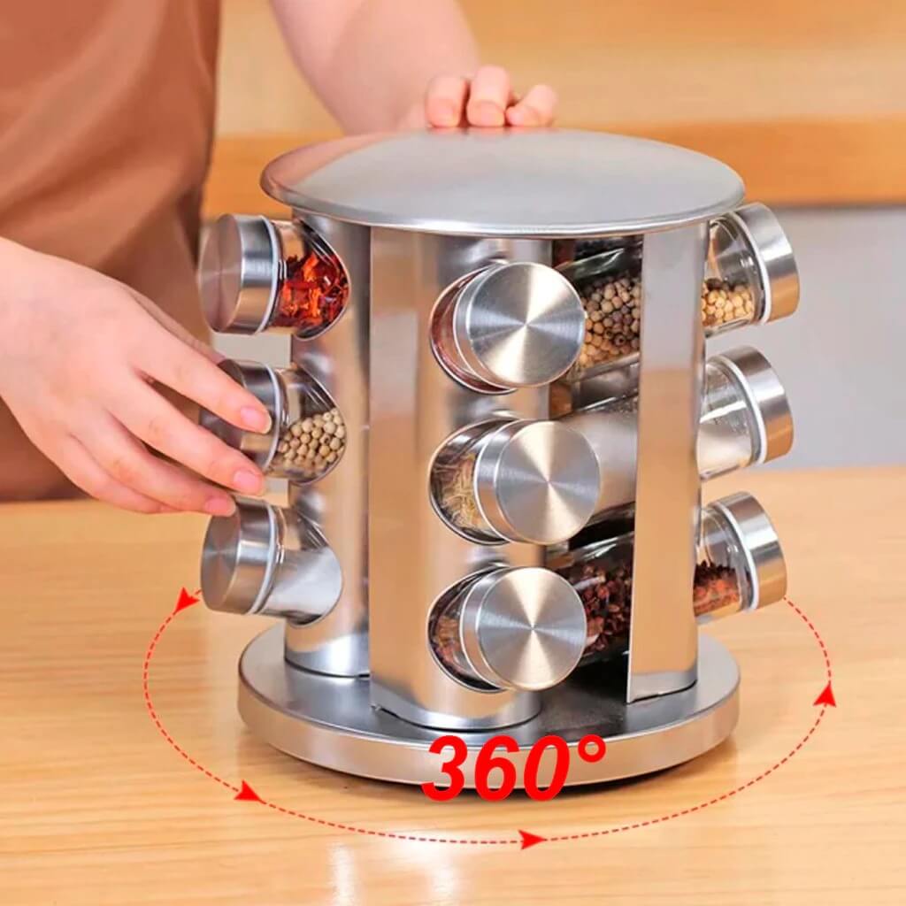 GiroLux 360™ – Organizador de Temperos em Inox com 12 Potes