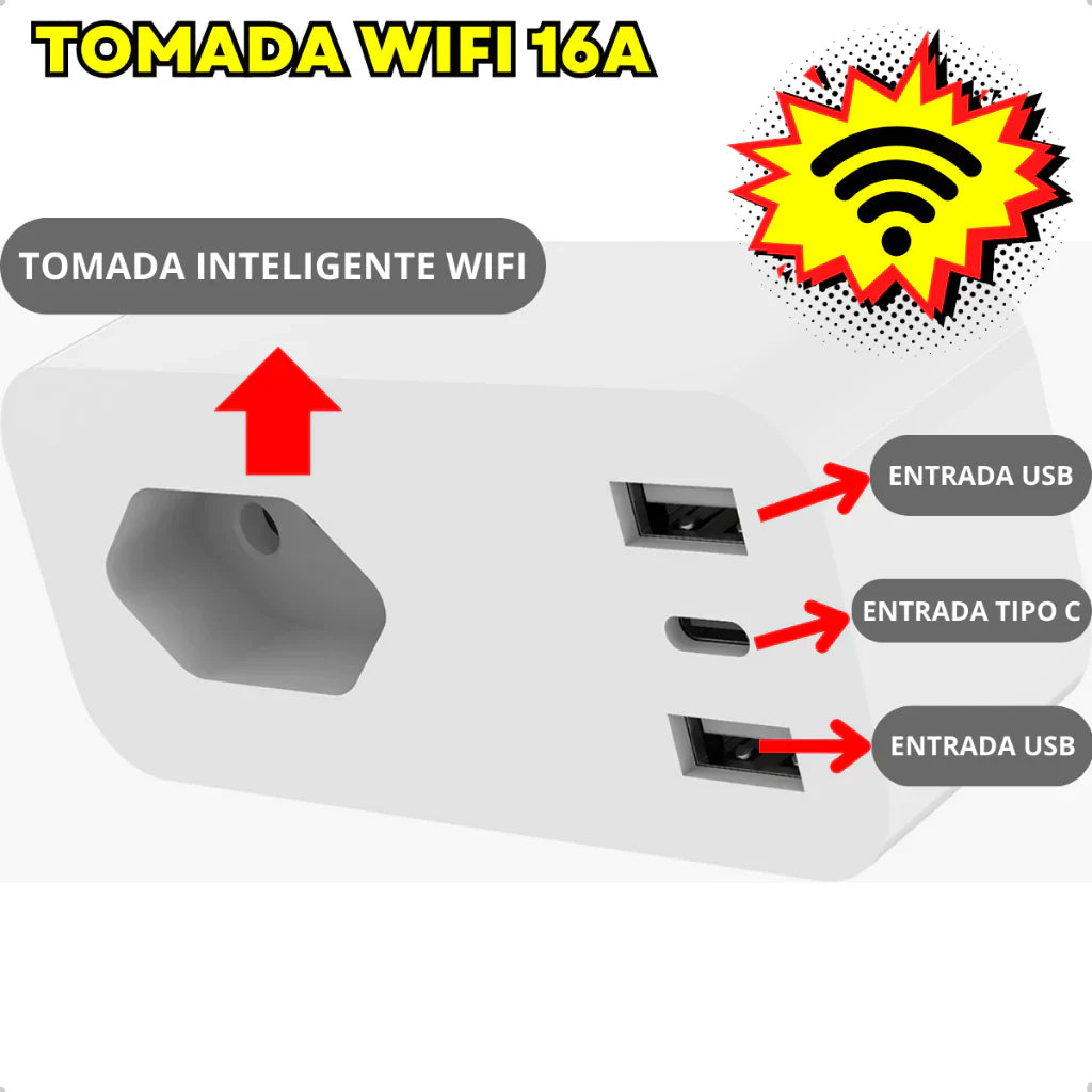Tomada Inteligente Alexa Google Smart Wifi Automação Com 2 Entrada USB + 1 Entrada Tipo C Bivolt 16a